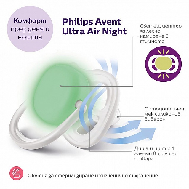Ортодонтични залъгалки PHILIPS AVENT Ultra Air Night 0M+ нощни 2 броя + стерилизаторна кутия - 3