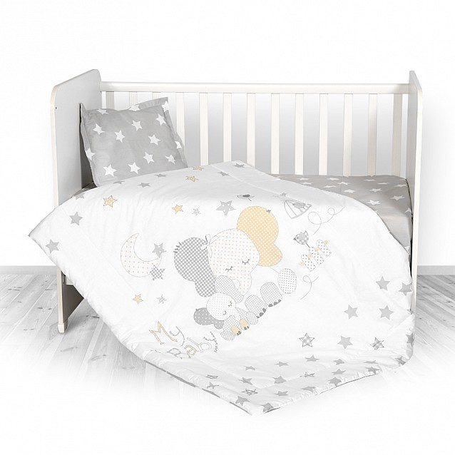 Бебешки спален комплект LORELLI Слонче 4 части сиви звезди ранфорс - 3